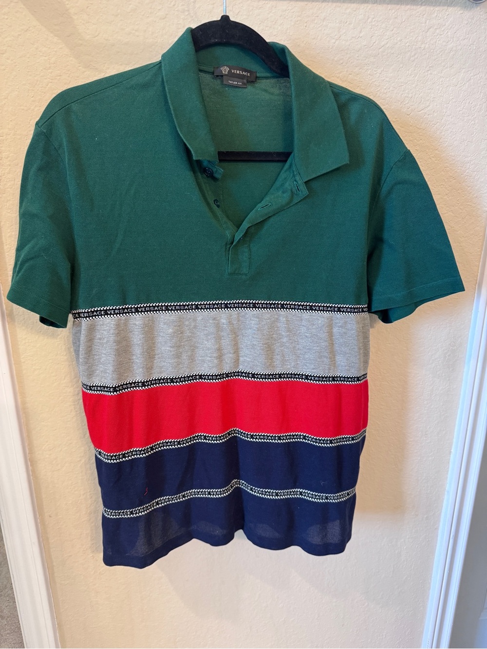 Versace Green, Gray, Red & Navy Striped Polo